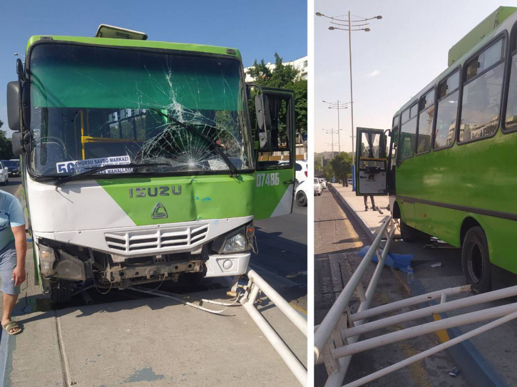 В центре Ташкента автобус пытался уйти от столкновения с легковушкой и снес фонарный столб  