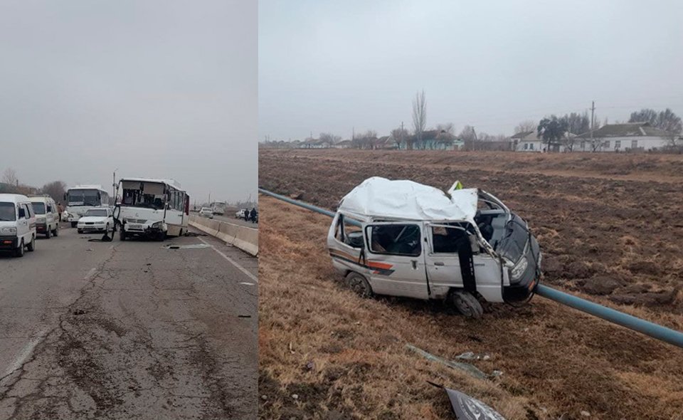 В Сырдарье рейсовый автобус столкнулся с Damas. Восемь человек пострадали  