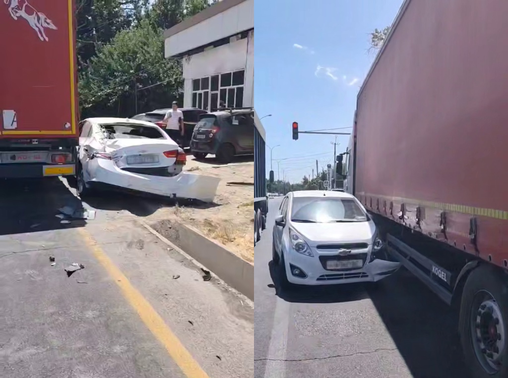 В Ташкенте грузовик снес девять машин. Видео