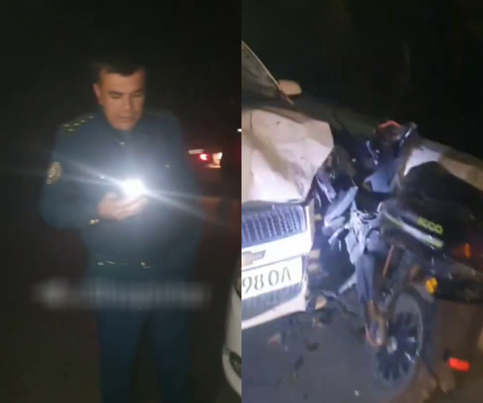 В Андижанской области пьяный мужчина в форме участкового сбил пожилого скутериста. Видео